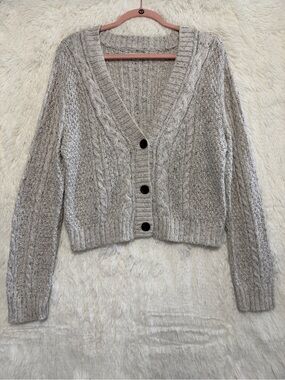 American Eagle Womens Cable Knit Crop Cardigan L Grey Preppy Soft Girl Y2K Style